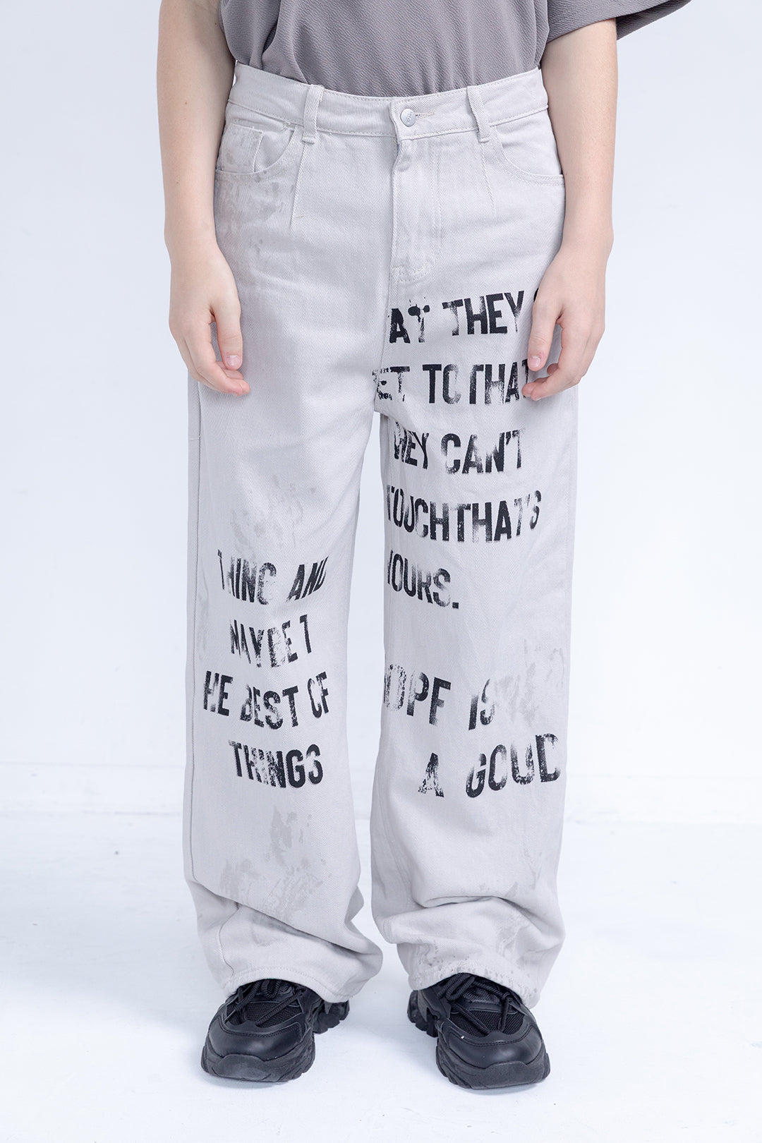 Text Print Wide Denim Pants