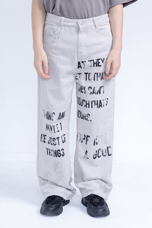 Text Print Wide Denim Pants