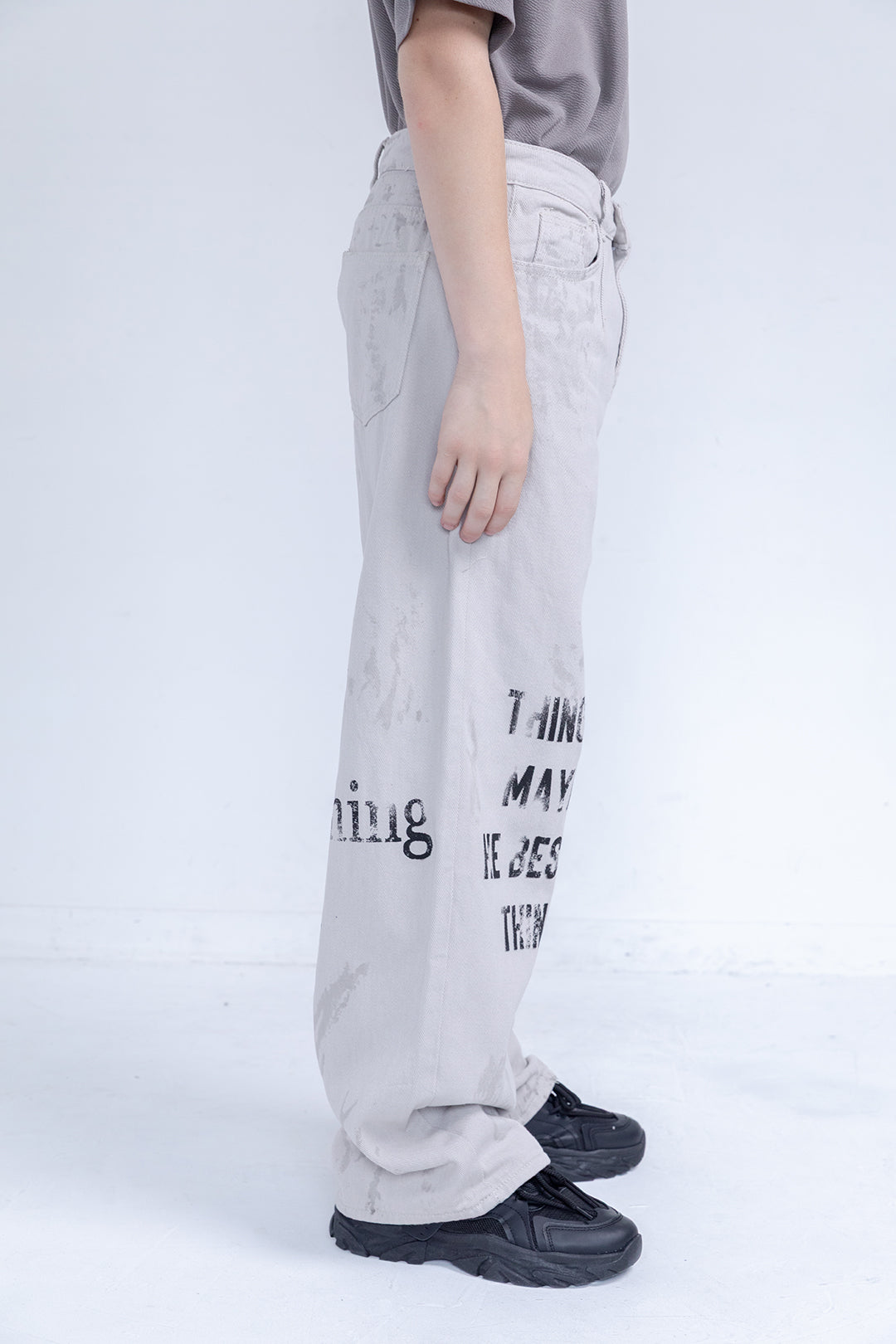 Text Print Wide Denim Pants