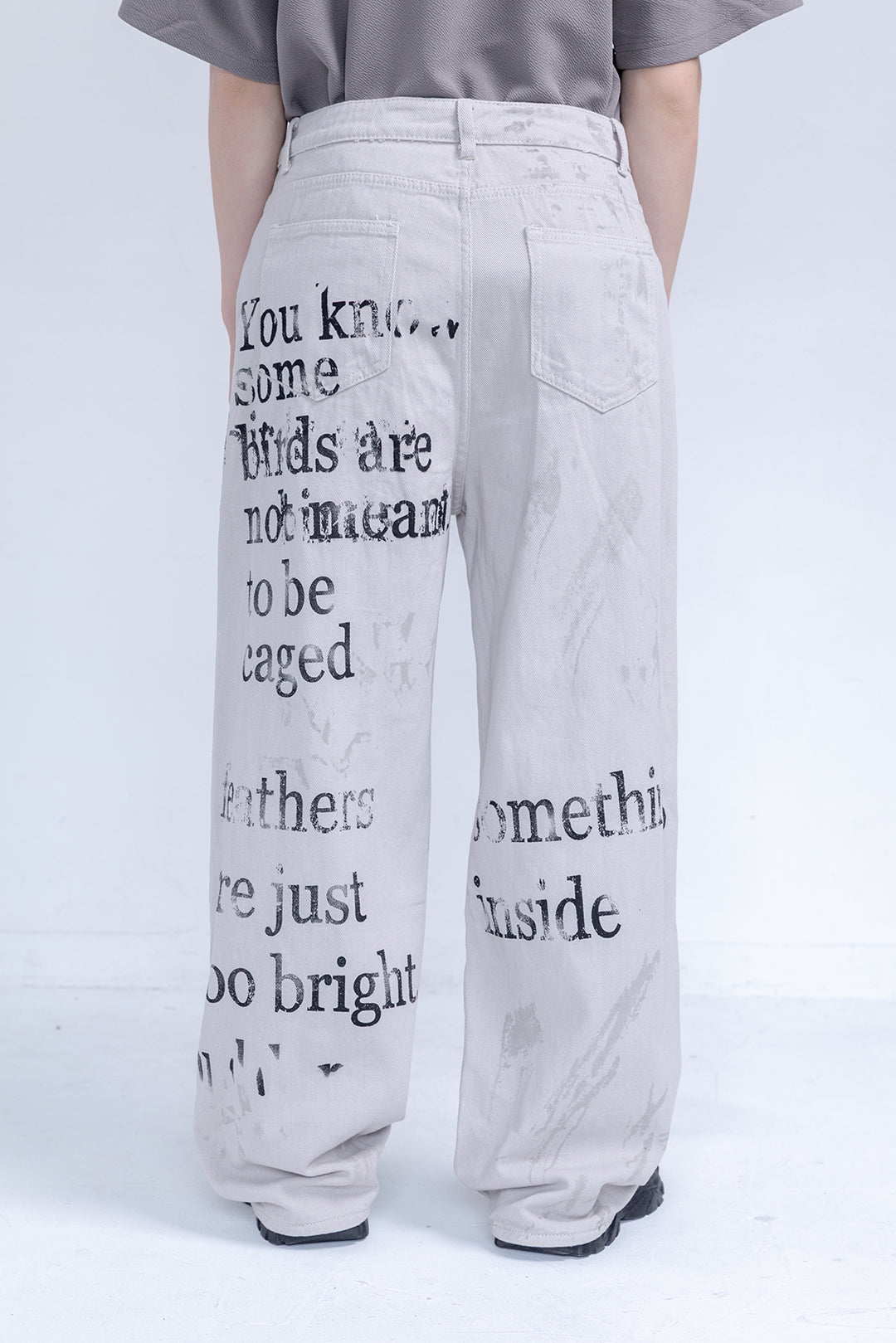 Text Print Wide Denim Pants